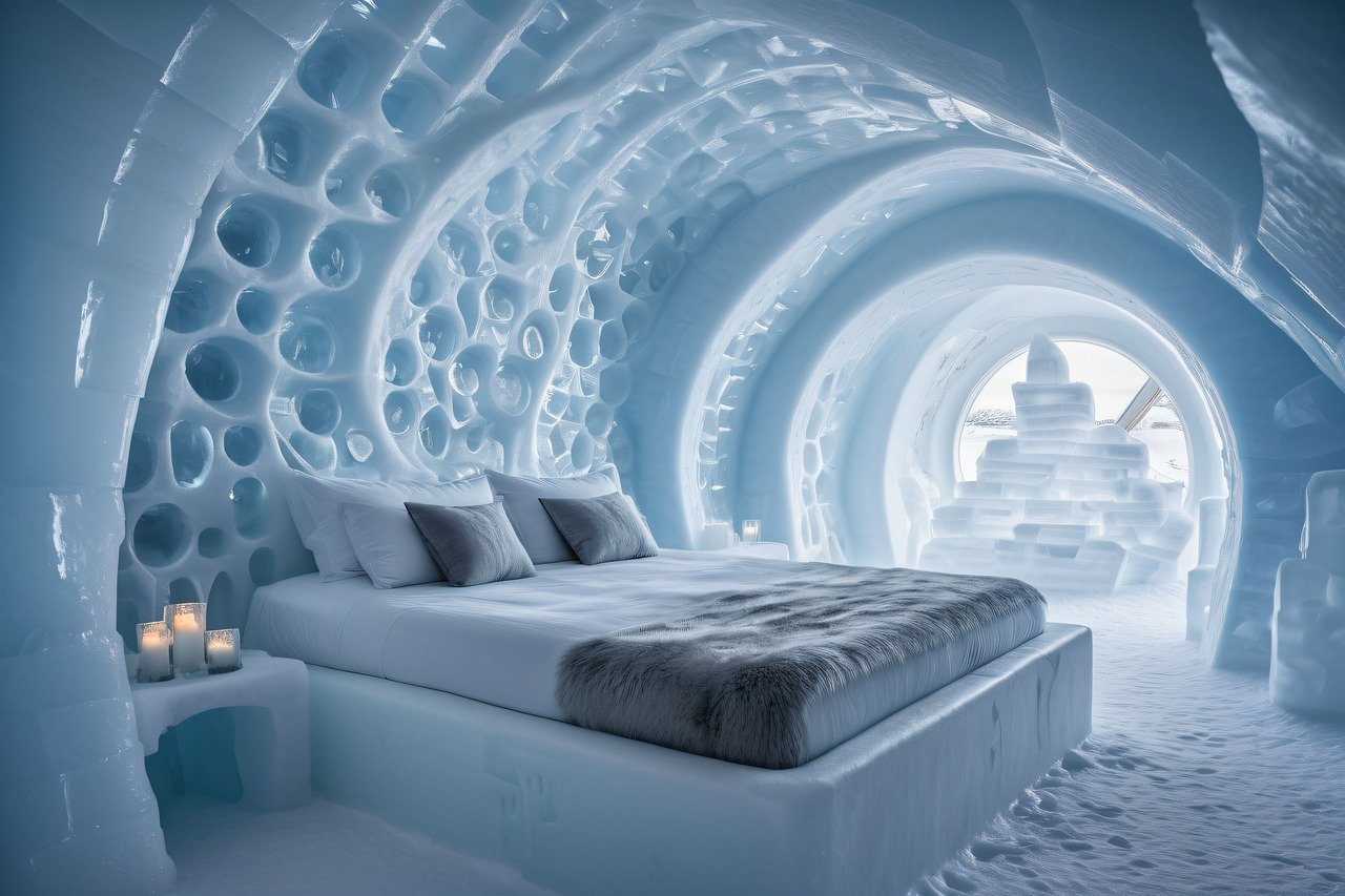 AI-genererad bild i blått visande insidan av en igloo med dubbelsäng
