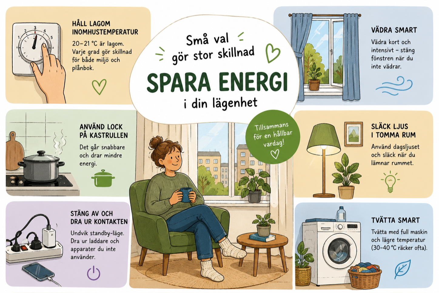 Tecknad informationsbild om energisparande i lägenhet. Visar enkla åtgärder som att släcka lampor, 