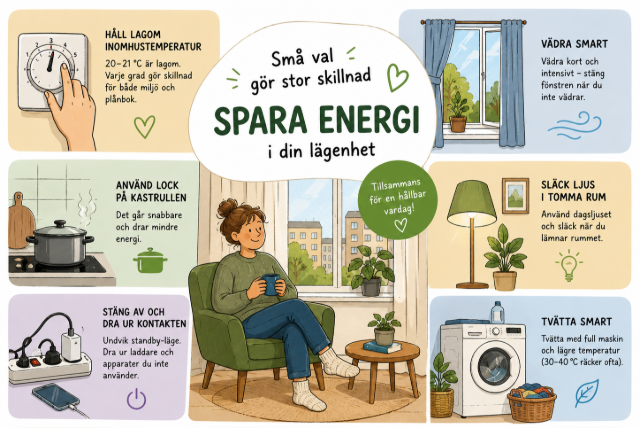 Tecknad informationsbild om energisparande i lägenhet. Visar enkla åtgärder som att släcka lampor, 