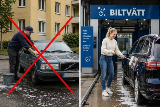 Tvådelad bild: Till vänster tvättar en man en äldre bil med svamp på gatan utanför ett hyreshus, öv