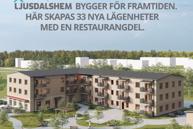 Här är en arkitektritning som visar hyreshus i tre plan. Det planerade bostadshuset är utformat med