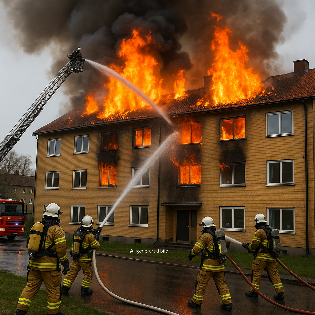 Brandmän som försöker släcka en brand i ett hyreshus.
